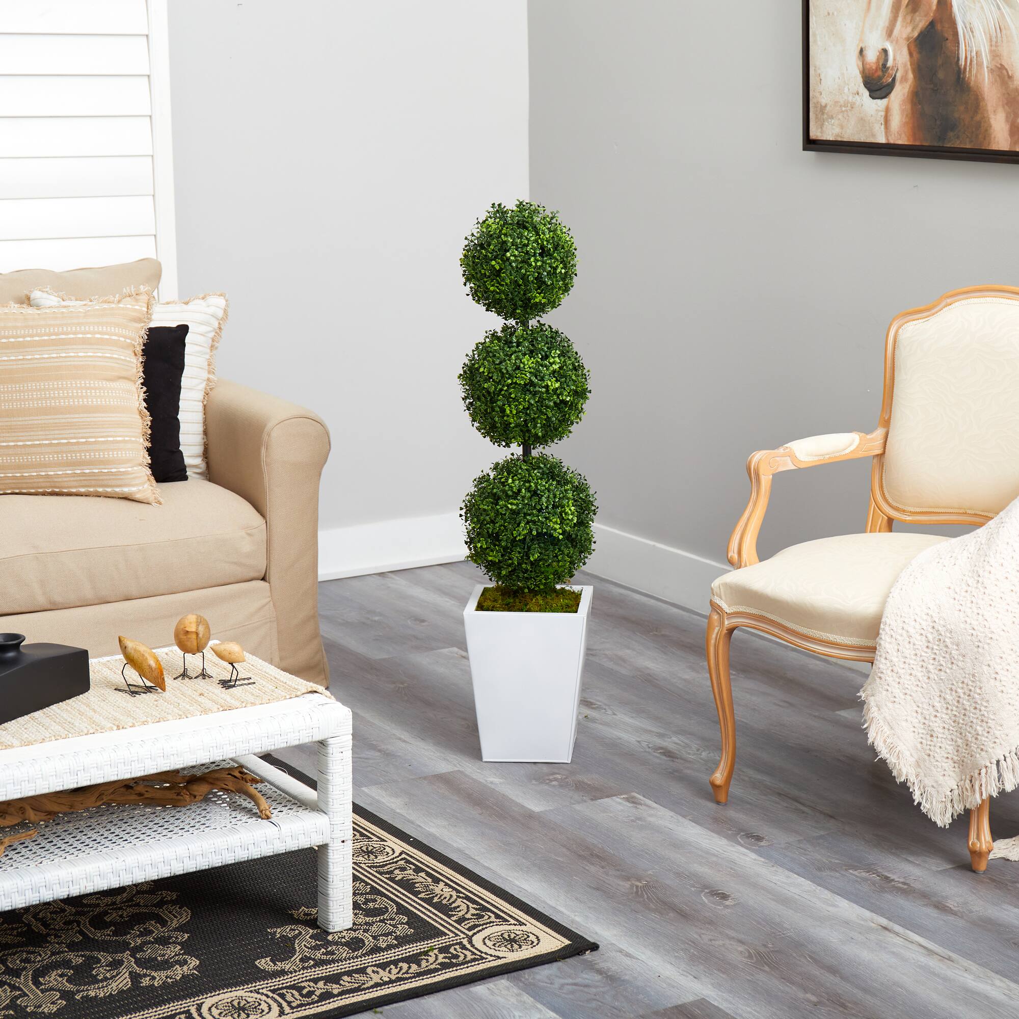 4ft. Boxwood Triple Ball Topiary Artificial Tree in White Metal Planter